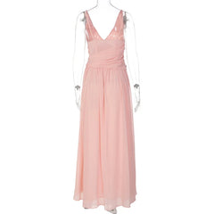 Pink V-Neck Mesh Frill High Split Midi Dress