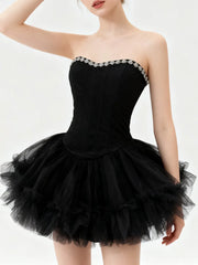Beaded Neck Strapless Corset Tulle Flare Mini Dress