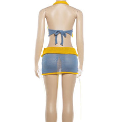 Distressed Blue and Yellow Knit Crop Top And Mini Skirt Set