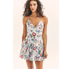 White Floral Print Spaghetti Strap Mini Dress