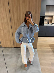 High Neck Snap Button Drawstring Crop Jacket