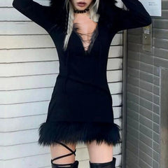 Christmas Red Velvet Fur Trim Long Sleeve Mini Hooded Dress