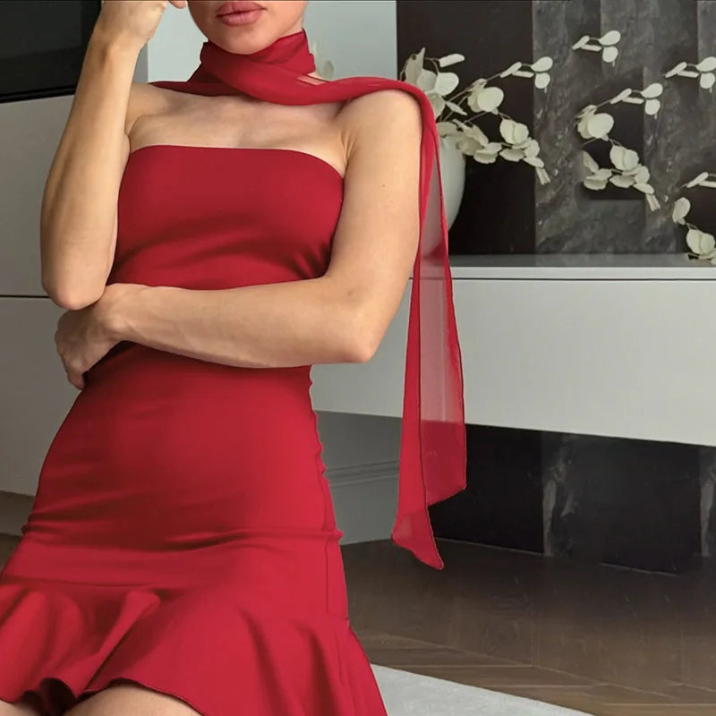 strapless mini dress with neck scarf Mayah Scarf Tie Strapless Mini Dress Black