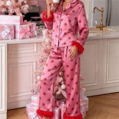 Polka Dot Satin Feather Cuff Shirt And Long Trousers Set
