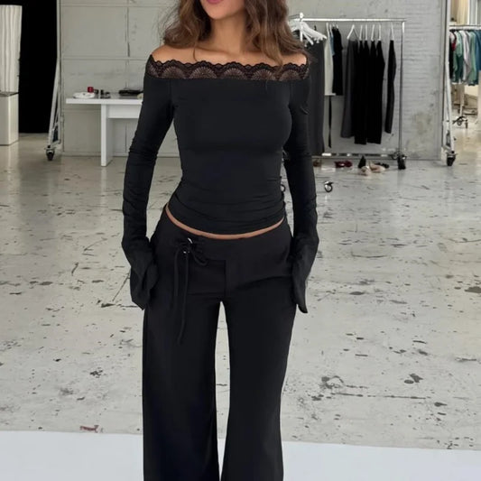 Black Off Shoulder Lace Trim Long Sleeve Tee