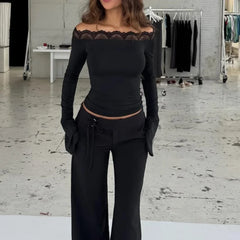 Black Off Shoulder Lace Trim Long Sleeve Tee
