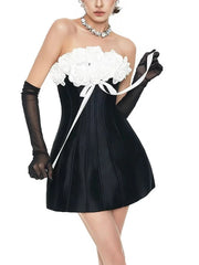 Rose Bow Lace Up Strapless Mini Dress