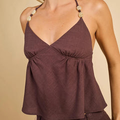 Beaded Tie Open Back Halter Badydoll Crop Top