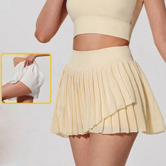 Person wearing a beige pleated skirt with a close-up inset showing a white garment.