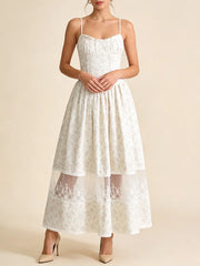 White Floral Milkmaid Cami Lace Mesh Hem Midi Dress