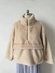 Faux Fur  Stand Collar Zip Long Sleeve Sweatshirt