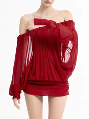 Off-Shoulder Long Sleeve Open Back Puff Mini Dress