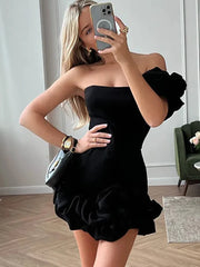 Black Pink One Shoulder Sleeveless Ruffled Ruched Mini Dress