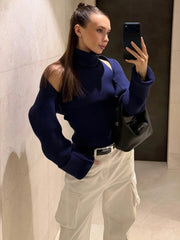 Ribbed Knit Turtleneck Cutout Shoulder  Vest Long-Sleeved Shawl 2-Piece Set Top
