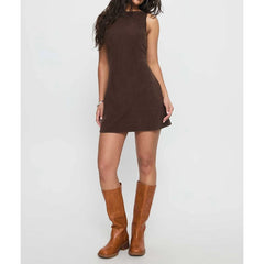 Brown Boat Neck Sleeveless with Bow Tied Belted Back Mini Dress