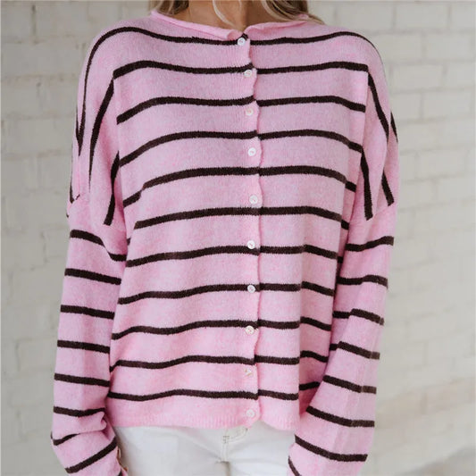 Pink Striped Button-Up Cardigan