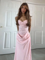 Pink Lace Patchwork Strap Midi Dress