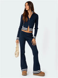Blue Ribbed Zipper Long Sleeve Top And Trouser Set