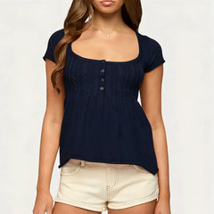 Knit Peplum Square Neck Button Down Top