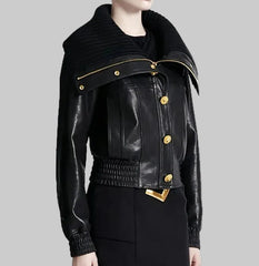 Black Pu Leather Gold Button Zip Collar Jacket