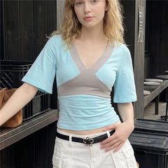 Contrast Colour Cross V-Neck Short Sleeve Crop Top