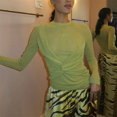 Green Front Twist Long Sleeve Sheer Top
