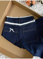 Lace Bow Patchwork Wide Leg Jeans