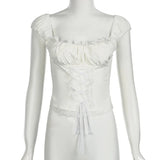 Tie Up Square Neck Cropped Lace Trim White Top