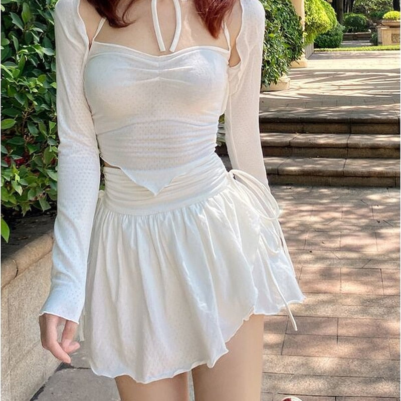 White Drawstring Folds High Waist Mini Skirt