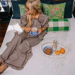 Ruffle Gingham Puff Sleeve Babydoll Shirts and Pants Lounge Set