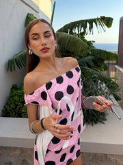 Pink Polka Dot Short Sleeve Tassel Mini Dress