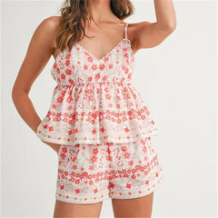 Floral V-Neck Babydoll Crop Top And Shorts Loungewear Set