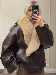 Brown Fur Collar Faux Leather Jacket