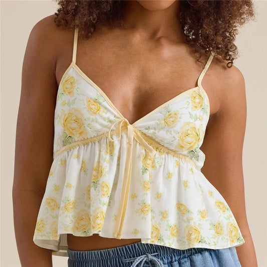 Floral Print Front Tie Peplum Crop Cami Top