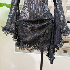 Black Lace Fishbone Flare Sleeve Bodycon Mini Dress
