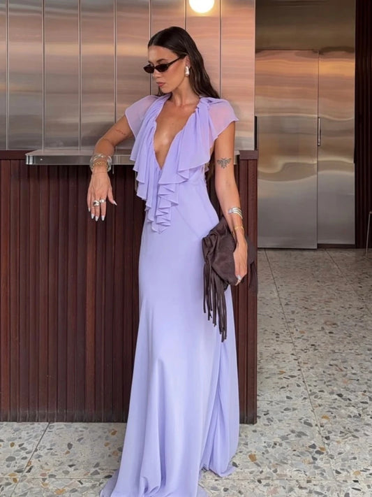 Purple Ruffle Neck Mesh Maxi Dress