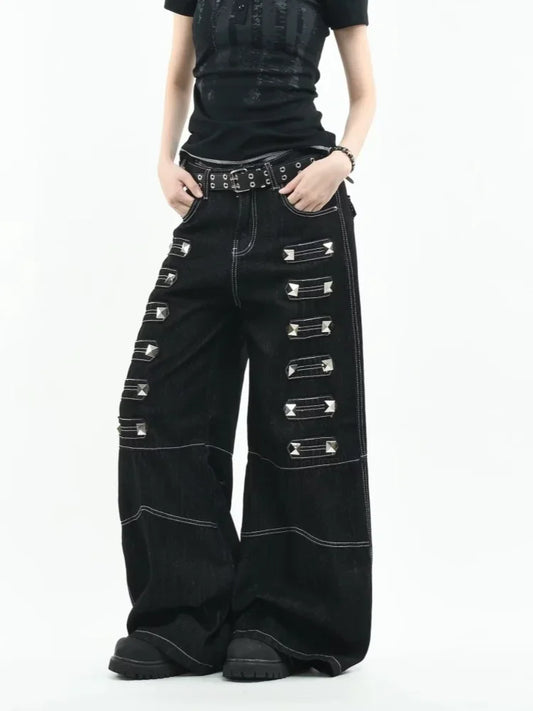 Black Rivet Metal Buckle Embellishment Wide Leg Jeans
