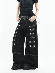 Black Rivet Metal Buckle Embellishment Wide Leg Jeans