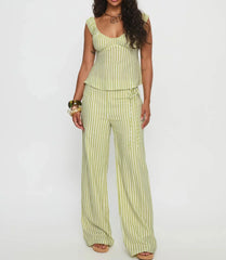 Green Striped Sleeveless Top And Wide Leg Pants Set