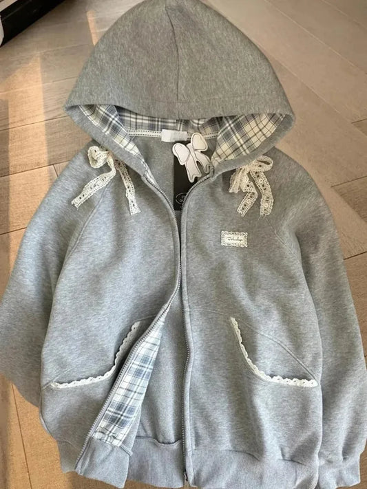 Lace Patchwork Bow Zip Hoodie