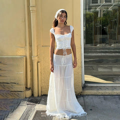 White Lace Tie-Up Top And Maxi Skirt Set - Free From Label