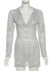 Grey Low-Neck Hollow Crochet Mini Dress