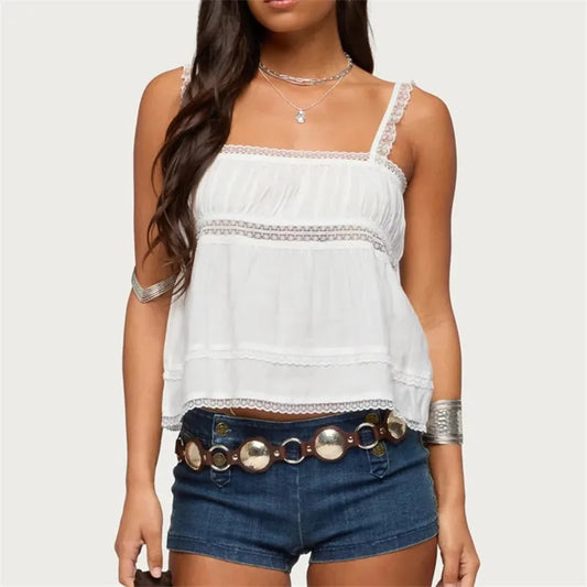 White Lace Trim Square Neck Tank Top