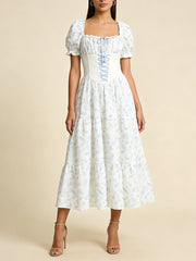 Blue Printed Corset Lace Up Puff Sleeve Maxi Dress