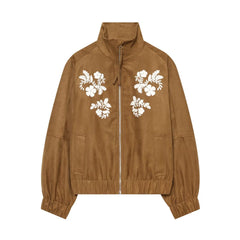 Faux Suede Floral Embroidery Stand Collar Zip‑Up Bomber Jacket