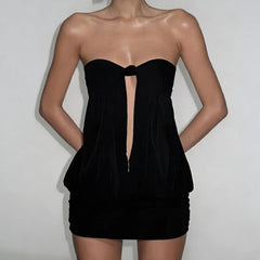Black Hollow Out Strapless  Mini Dress