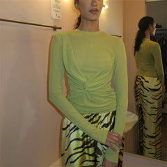 Green Front Twist Long Sleeve Sheer Top