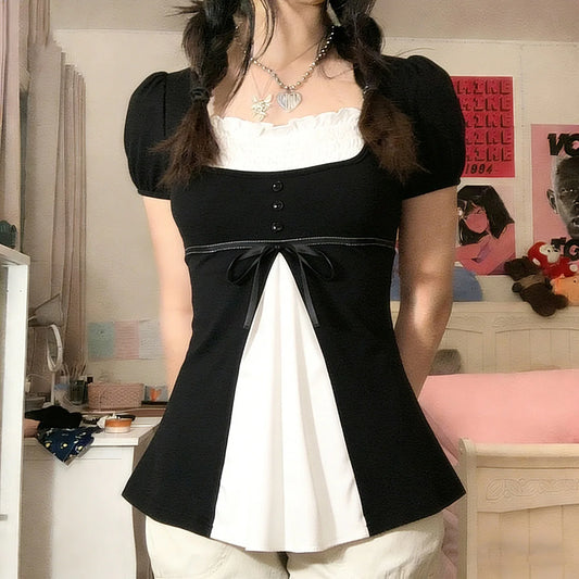 Black And White Square Neck Puff Sleeve Blouse