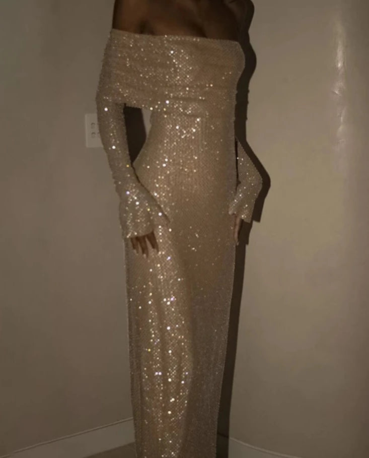 Sequin Long Sleeve Off-Shoulder Maxi Dress