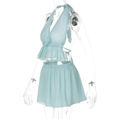 Blue Mesh Open Back Halter Crop Top And Mini Skirt Set